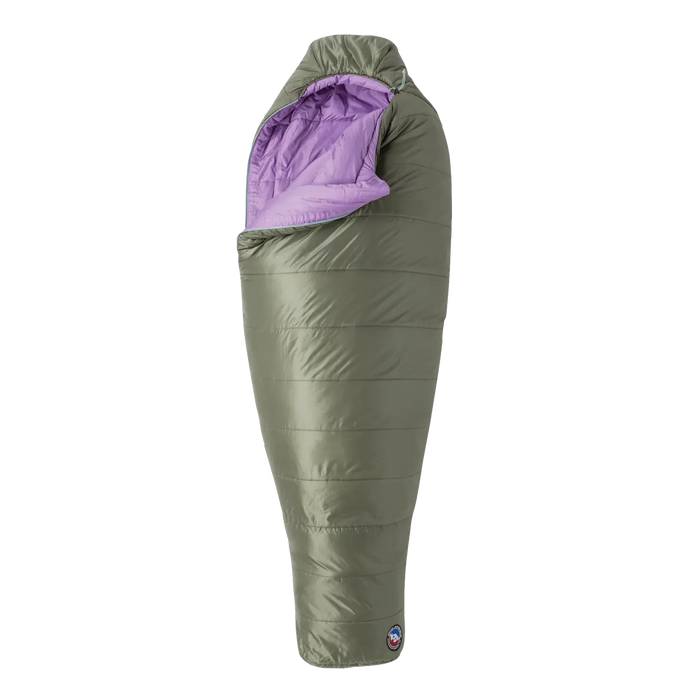 Green sleeping bag with purple interior on a white background