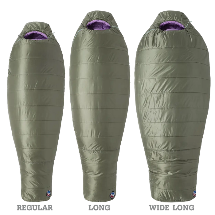 Three green sleeping bags labeled 'Regular', 'Long', and 'Wide Long' on a white background.