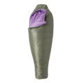 Green sleeping bag with purple interior on a white background