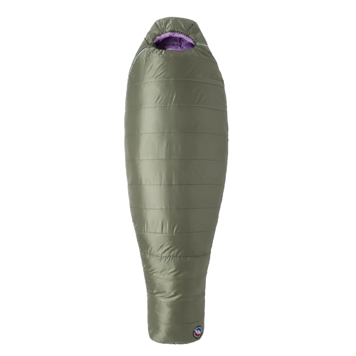 Green sleeping bag with purple interior on a white background