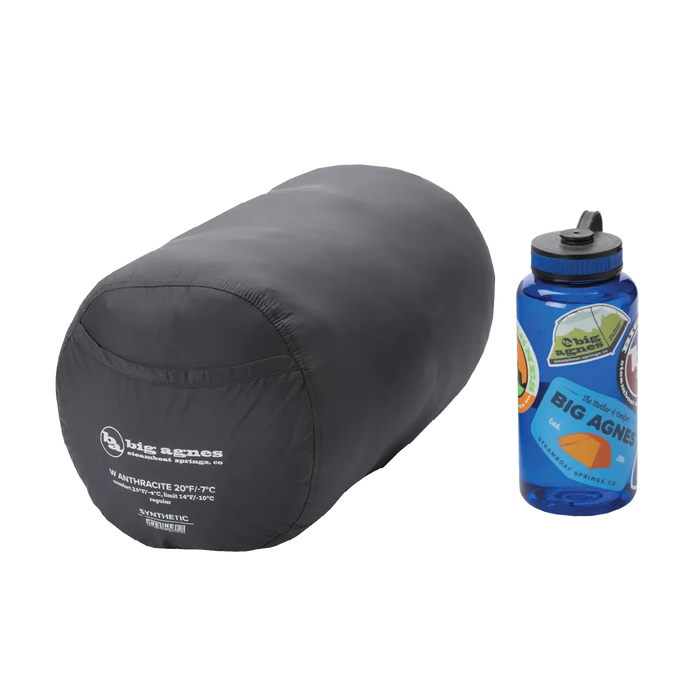 Black sleeping bag and blue water bottle with Big Agnes logo on a white background