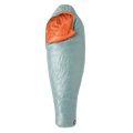 The Big Agnes Women's Greystone 30° sleeping bag features a light blue mummy-style design with 650 fill DownTek insulation and a bright orange interior, shown upright and partially unzipped.