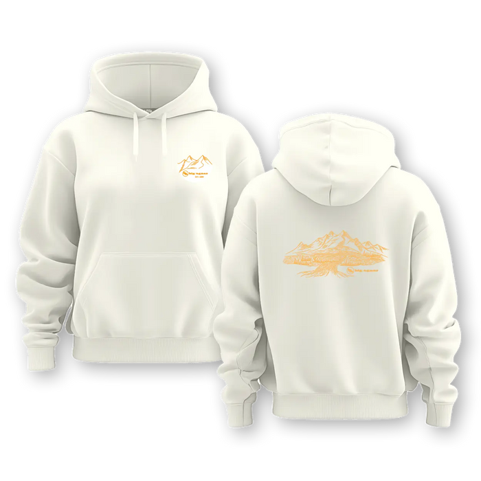 White hoodie with orange graphics on a white background