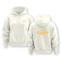 White hoodie with orange graphics on a white background