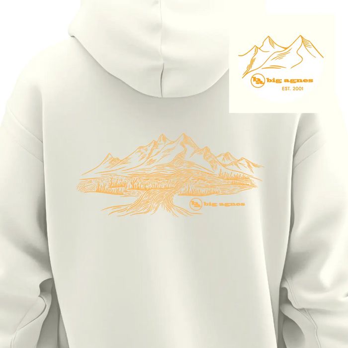 White hoodie with orange mountain graphic and 'big agnes' logo on a white background