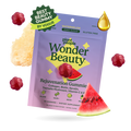 Purple package of Wonder Beauty gummies with watermelon slices and a droplet on a white background