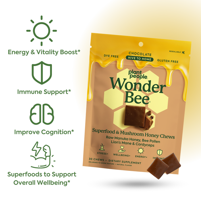 WonderBee Superfood and Mushroom Honey Chews' Benefits: Energy and Vitality boost, immune support, improve cognition, superfoods to support overall wellbeing