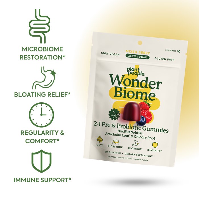 List of benefits of WonderBiome: Microbiome Restoration*, Bloating Relief*, Regularity & Comfort*, Immune Support*
