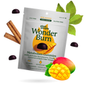 Package of Plant People Wonder Burn Metabolism Gummies with mangoes, cinnamon sticks, and leaves on a white background