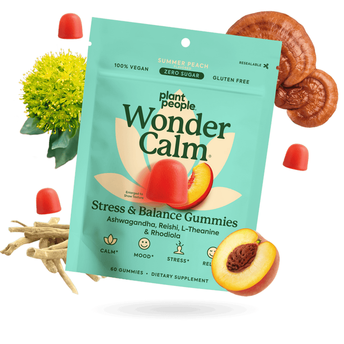 Plant People Wonder Calm Stress & Balance Gummies in a bright teal pouch, surrounded by peach slices, red gummies, a yellow flower, and mushroom slices on a white background.
