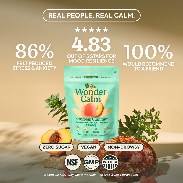 Plant People Wonder Calm Mushroom Gummies in a light teal pouch, displayed on a warm beige background with promotional text, star ratings, and food props including peach halves, mint, and a brownie.