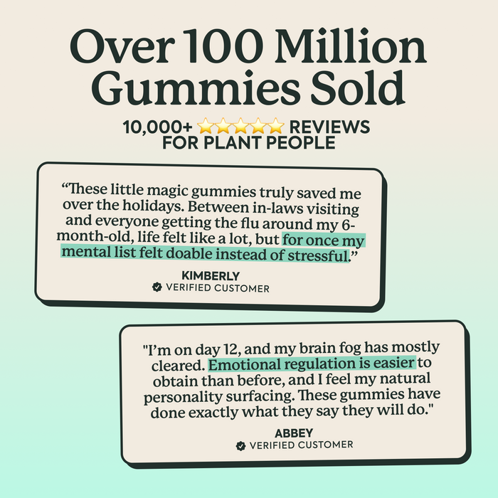 Promotional graphic with the headline 'Over 100 Million Gummies Sold' and '10,000+ Reviews for Plant People' on a pale mint background. Two customer review quote boxes with black rounded borders are shown below, including verified customer labels.