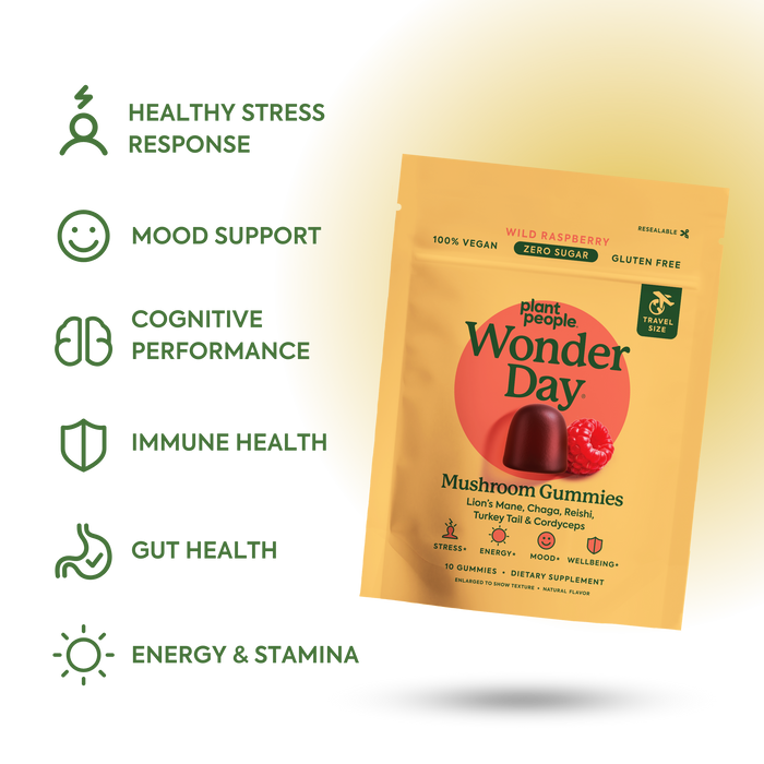 Packaging of Wonder Day mushroom gummies with health benefits listed on a light yellow background