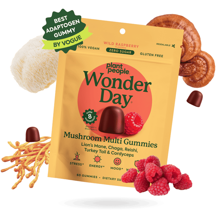 Standard Strength, Double Strength, Packaging of Wonder Day mushroom gummies with mushrooms and raspberries on a white background