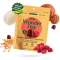 Standard Strength, Double Strength, Packaging of Wonder Day mushroom gummies with mushrooms and raspberries on a white background
