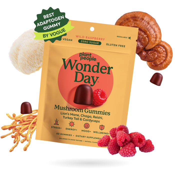 Standard Strength, Double Strength, Packaging of Wonder Day mushroom gummies with mushrooms and raspberries on a white background