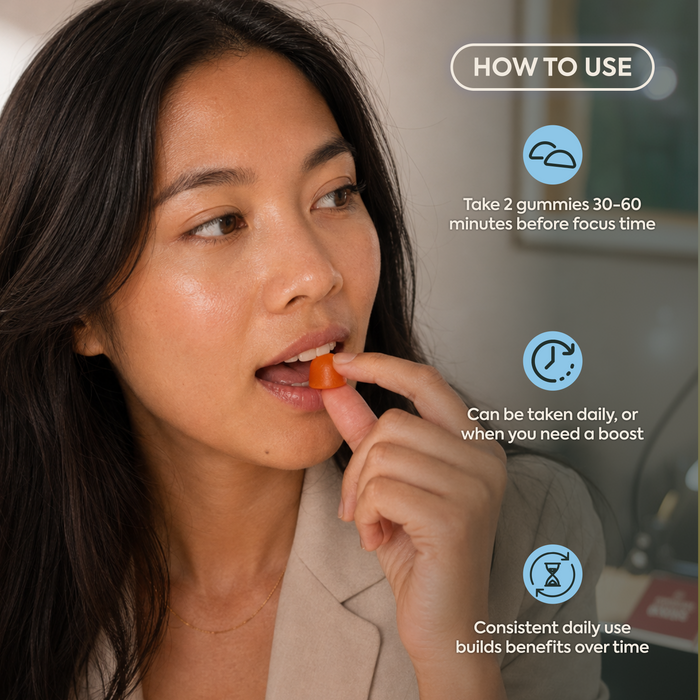 A woman is shown applying an orange gummy to her finger, with text overlays explaining how to use the gummies for focus and daily use benefits.