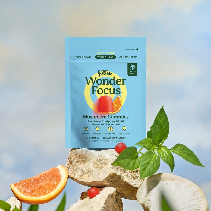 Package of Wonder Focus mushroom gummies with a natural background