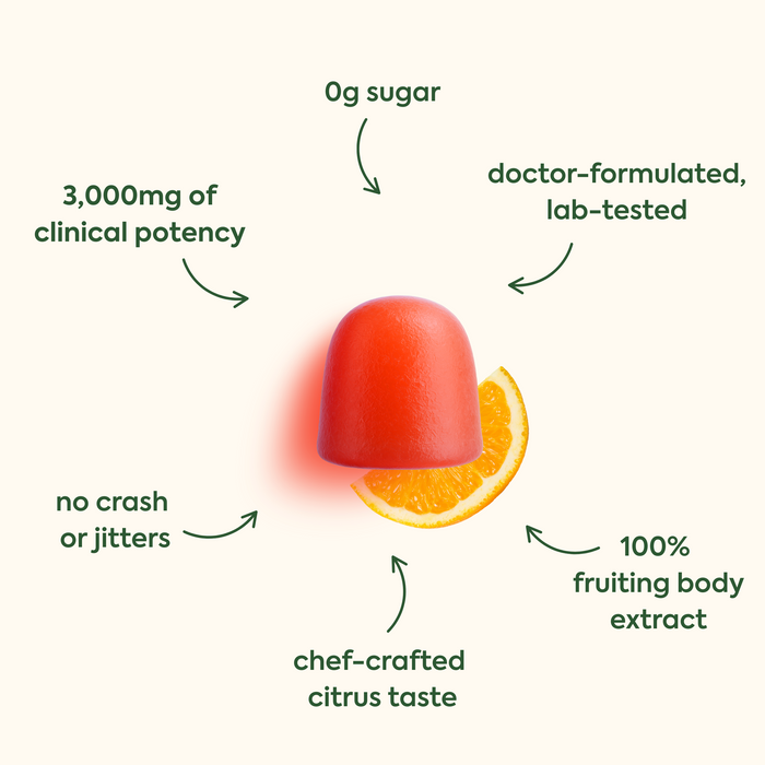 0g sugar (pointing down to the product)
3,000mg of clinical potency (pointing right to the product)
doctor-formulated, lab-tested (pointing left to the product)
no crash or jitters (pointing up-right to the product)
chef-crafted citrus taste (pointing up to the product)
100% fruiting body extract (pointing up-left to the product)
The image shows a orange/red colored gummy or supplement alongside an orange slice.