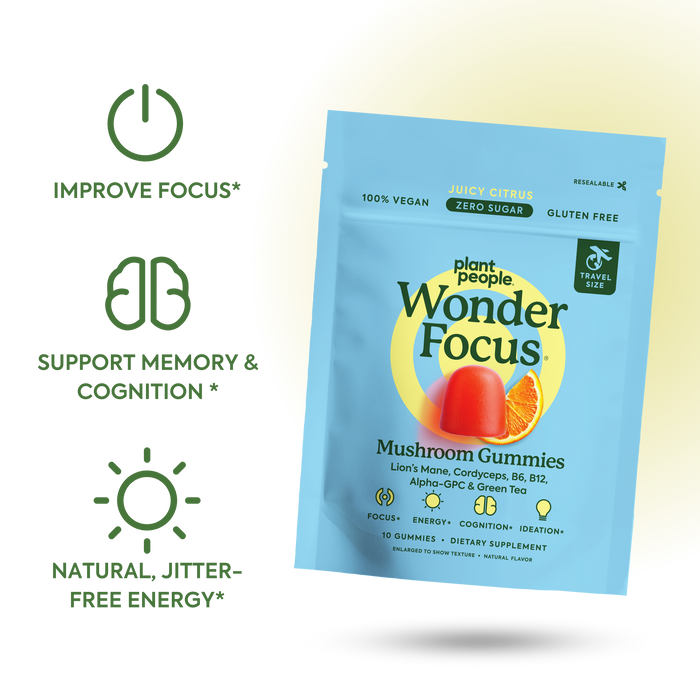 Packaging of Wonder Focus mushroom gummies with benefits listed on a white background