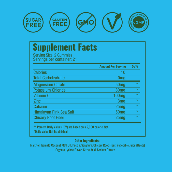 Active Ingredients:	Magnesium Citrate (50mg), Potassium Chloride (80mg), Vitamin C (100mg), Zinc (3mg), Calcium (25mg), Himalayan Pink Sea Salt (50mg) & Chicory Root Fiber (25mg)
Other Ingredients: 	Maltitol, Isomalt, Coconut MCT Oil, Pectin, Sorghum, Chicory Root Fiber, Vegetable Juice (Beets) Organic Lychee Flavor, Citric Acid, Sodium