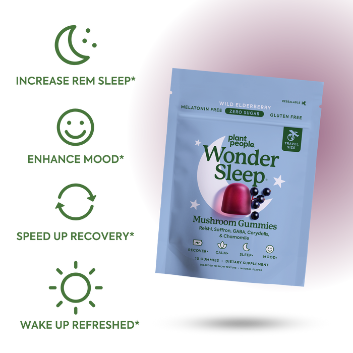 Plant People Wonder Sleep mushroom gummies packaging with benefits listed on a white background