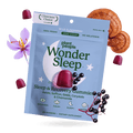 Plant People Wonder Sleep Sleep & Recovery Gummies pouch on a white background, surrounded by gummy candies, a purple flower, and brown mushroom slices. Clinicians' Choice badge is visible at the top.
