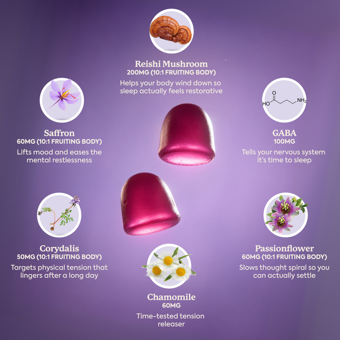 Ingredient breakdown graphic for Plant People Wonder Sleep gummies featuring six active ingredients surrounding two dark red gummies. Reishi Mushroom 200mg (10:1 fruiting body) helps your body wind down so sleep feels restorative. Saffron 60mg lifts mood and eases mental restlessness. GABA 100mg signals the nervous system it's time to sleep. Corydalis 50mg targets physical tension that lingers after a long day. Passionflower 60mg slows thought spirals so you can settle. Chamomile 60mg is a tension releaser