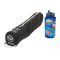 A black, zippered Big Agnes carrying case labeled Woodchuck Camp Table sits next to a blue, sticker-covered reusable water bottle—ideal for transporting your portable camp table on every adventure.