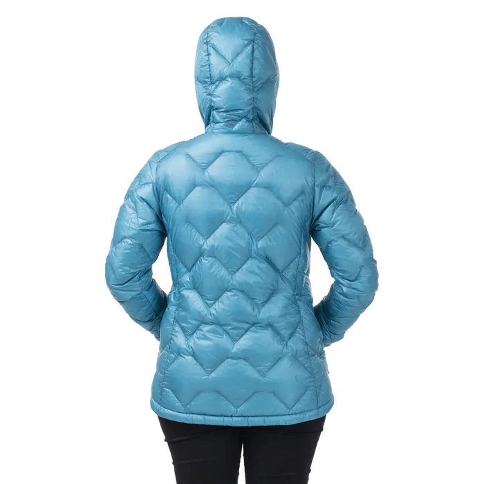 Rear view of woman wearing blue geometric patterned hooded jacket
