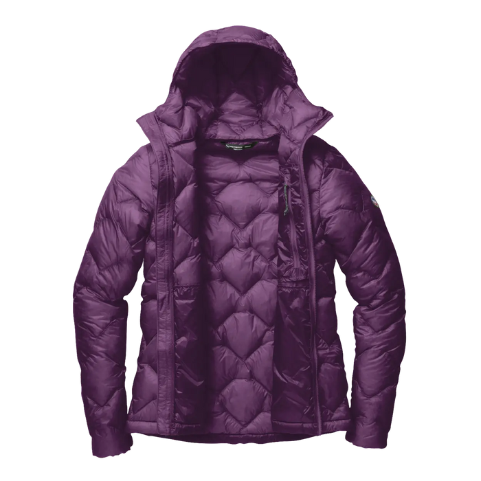 Dark purple geometric patterned hooded jacket unzipped