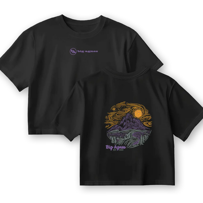 The W's Cosmic Sky T-Shirt by Big Agnes features a small front logo and a bold Cosmic Sky mountain, river, and sky graphic with “Big Agnes EST 2000” on the back. This black, limited edition tee is perfect for outdoor enthusiasts.