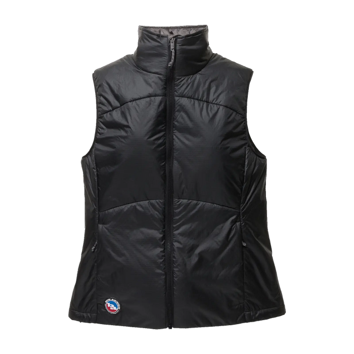 The Big Agnes W's Larkspur Vest is a black, sleeveless puffer with a high collar, front zipper, and small circular logo patch. Made from recycled Pinneco for moisture management, it features visible stitching and a smooth, shiny finish.