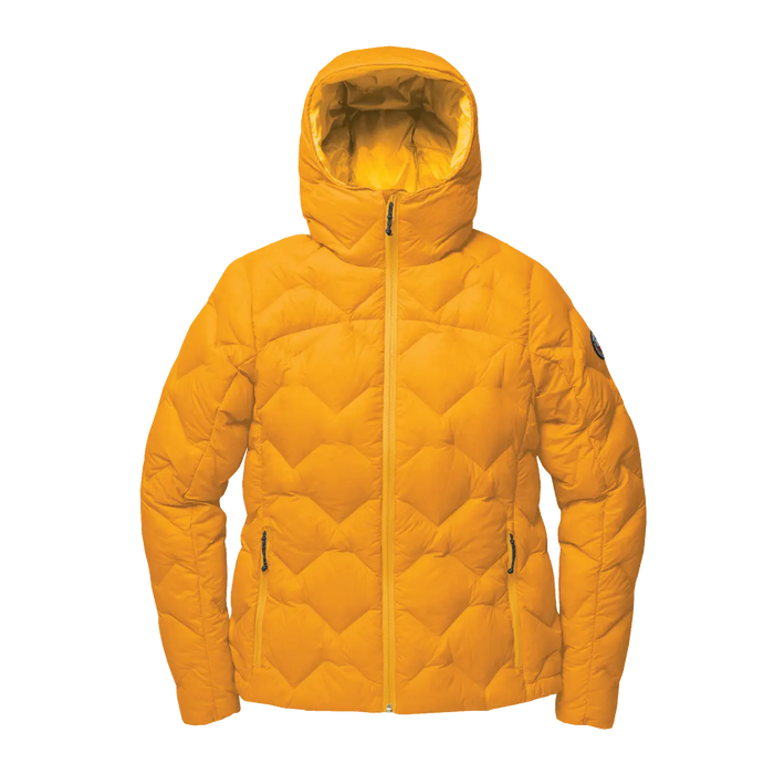 Mustard yellow quilted jacket on a white background