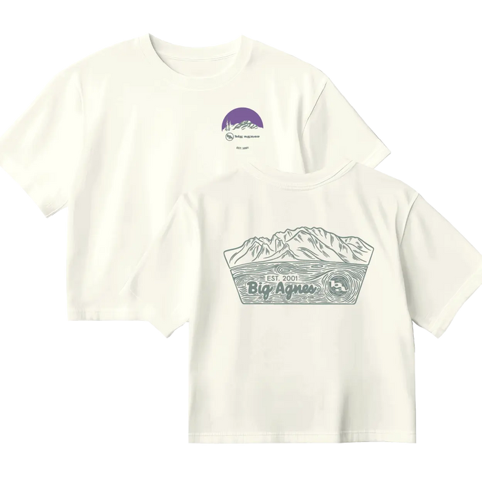 White t-shirt with mountain graphic and 'Big Agnes' branding on a white background