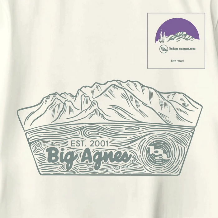 White t-shirt with mountain design and 'Big Agnes' branding on a white background