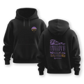 The Big Agnes M's Zirkel Triptych Hoodie is a black heavyweight limited edition, shown front and back. It features a small purple and yellow mountain sunset on the chest and a large scenic landscape in matching tones on the back.